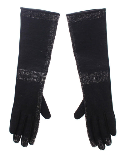 Black Lambskin Leather Wool Elbow Gloves Silk