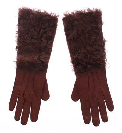Brown Lambskin Fur Leather Wrist Gloves Silk