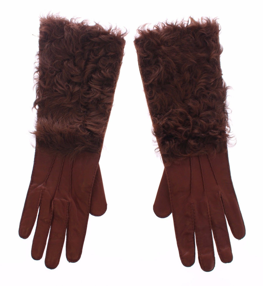 Brown Lambskin Fur Leather Wrist Gloves Silk