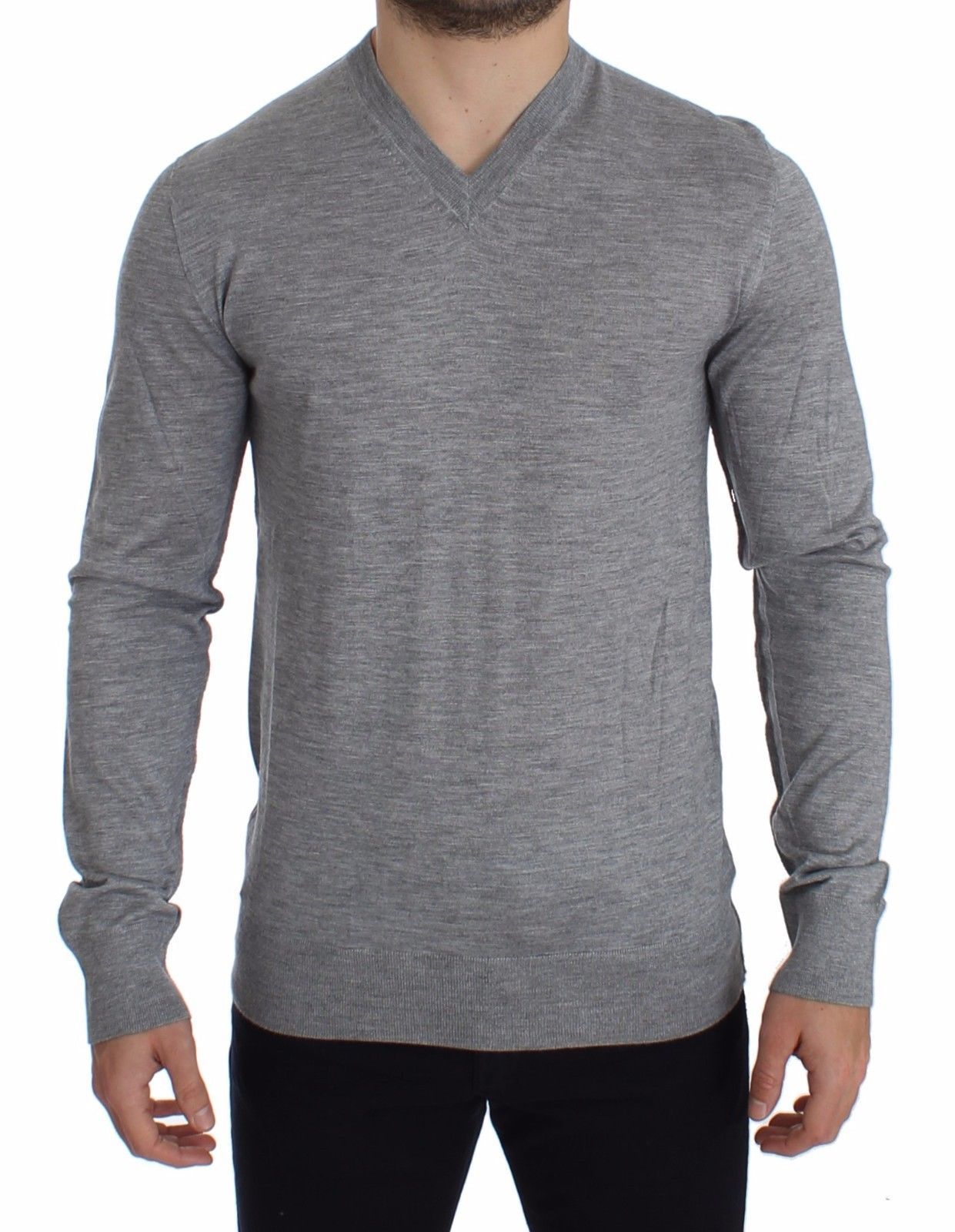 Gray Silk Cashmere V-neck Sweater Pullover