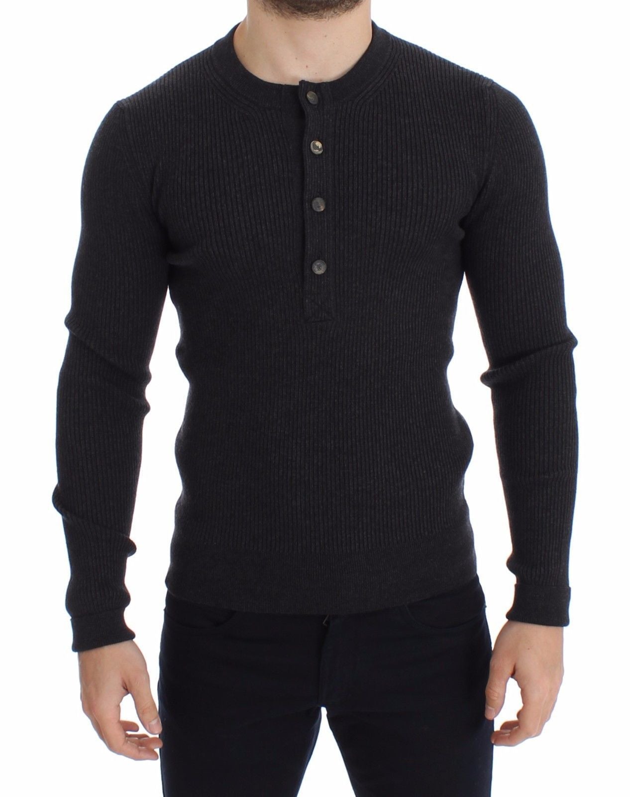 Gray Wool Henley Button Sweater Pullover Top