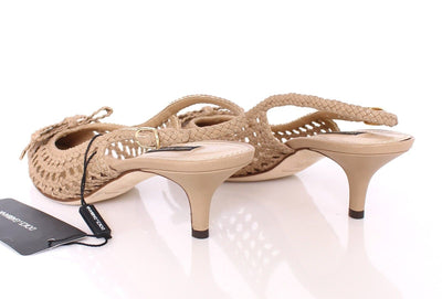 Beige Woven Leather Slingbacks Pumps Shoes