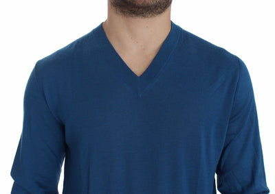 Blue Cashmere V-neck Sweater Pullover Top