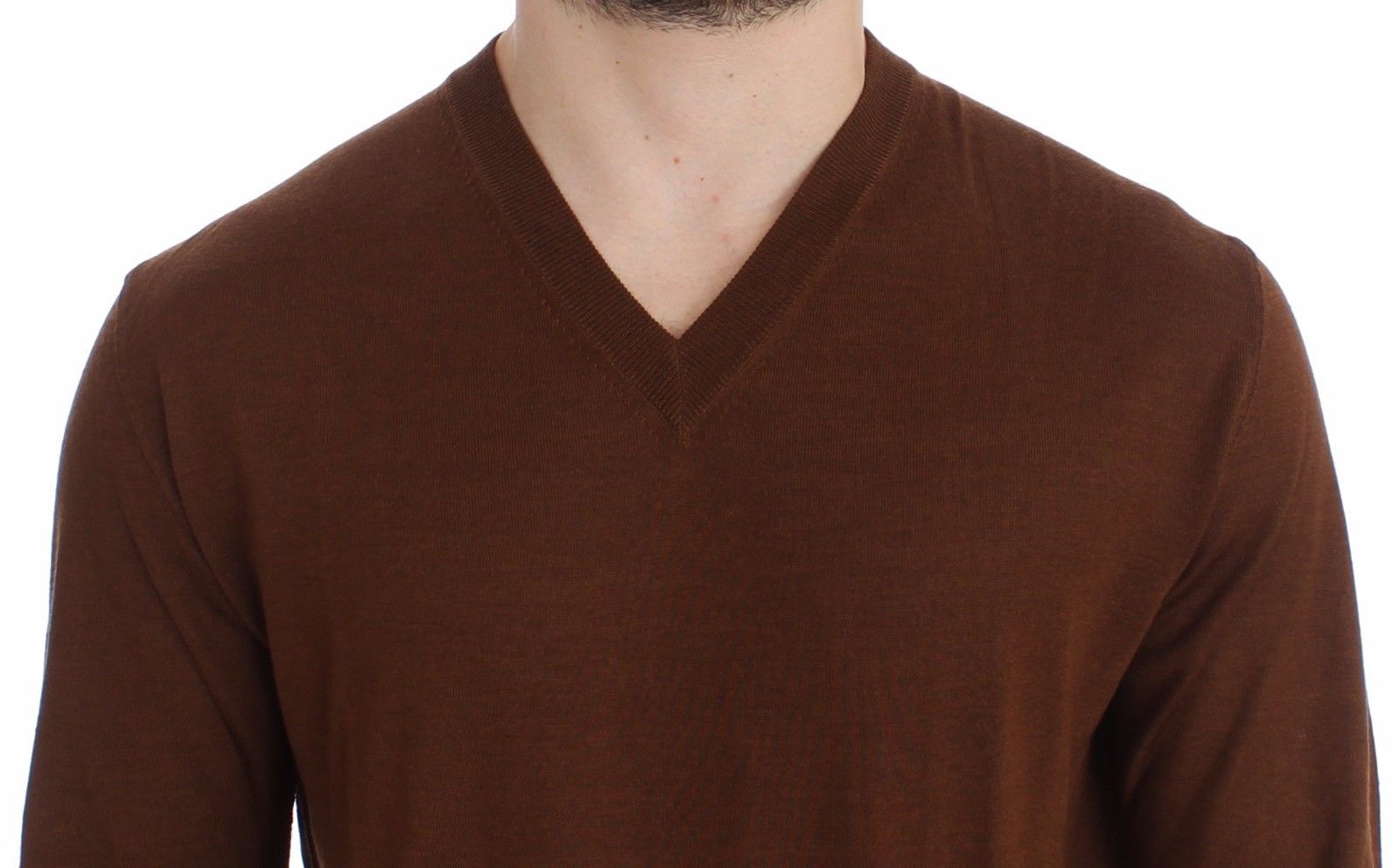 Brown Silk Cashmere V-neck Sweater Pullover Top