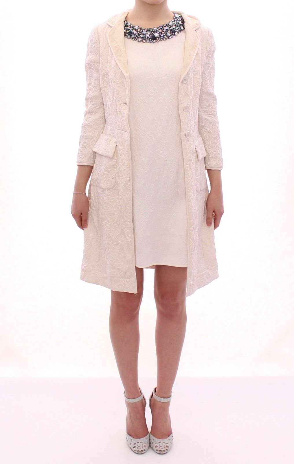 White Brocade Jaquard Long Jacket Coat Blazer