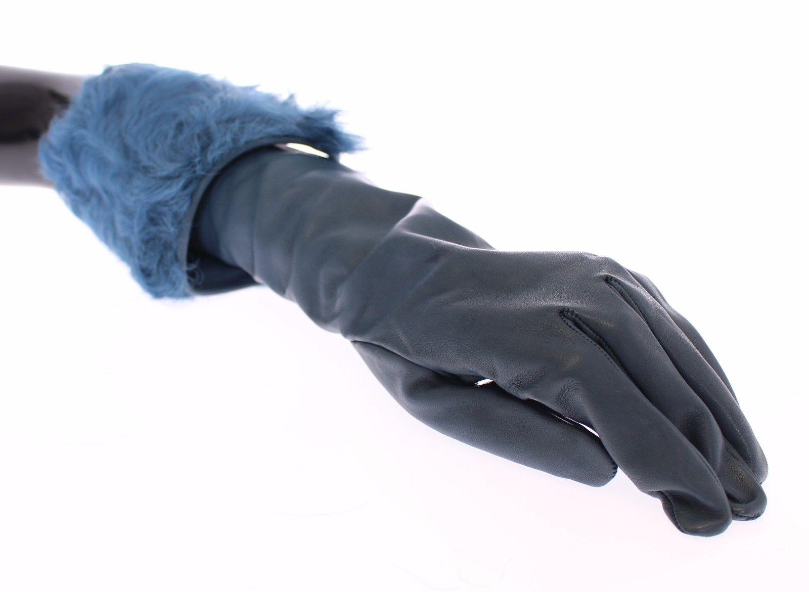 Blue Lambskin Leather Fur Logo Wrist Gloves
