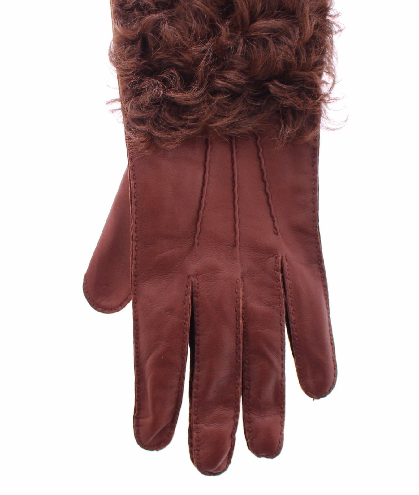 Brown Lambskin Fur Leather Wrist Gloves Silk