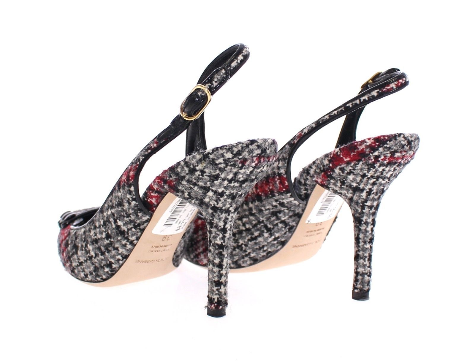Gray Checkered Wool Leather Slingbacks Shoes
