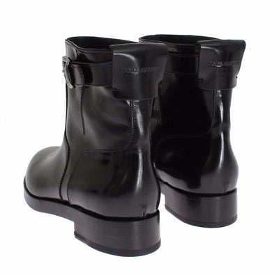 Black Leather Mid-Calf Flat Boots Shoes