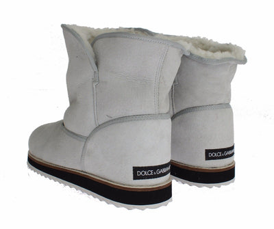 Blue Leather Merino Wool Flat Warm Boots Shoes