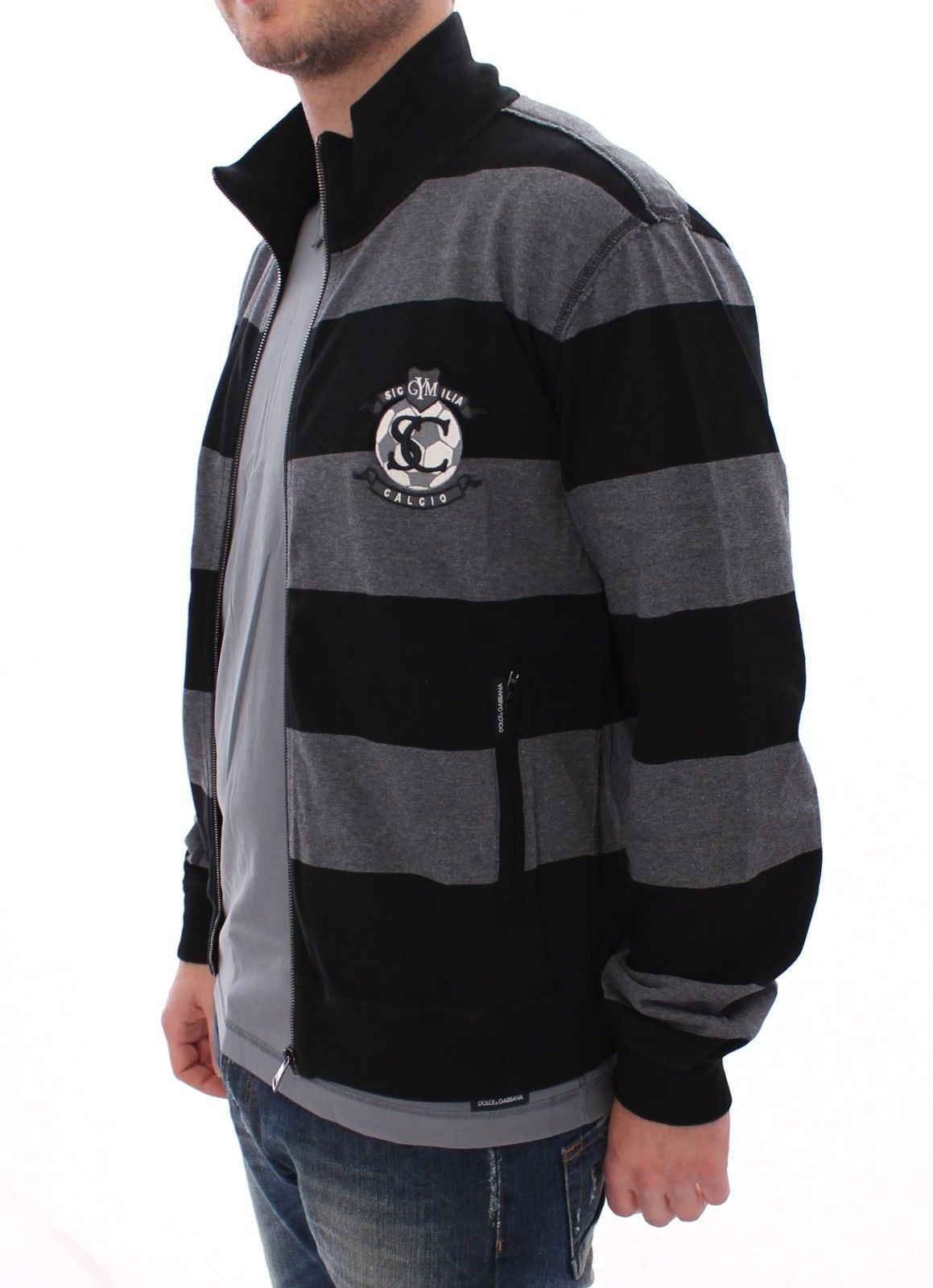 Gray Striped Full Zip Sweater Jacket Jumper