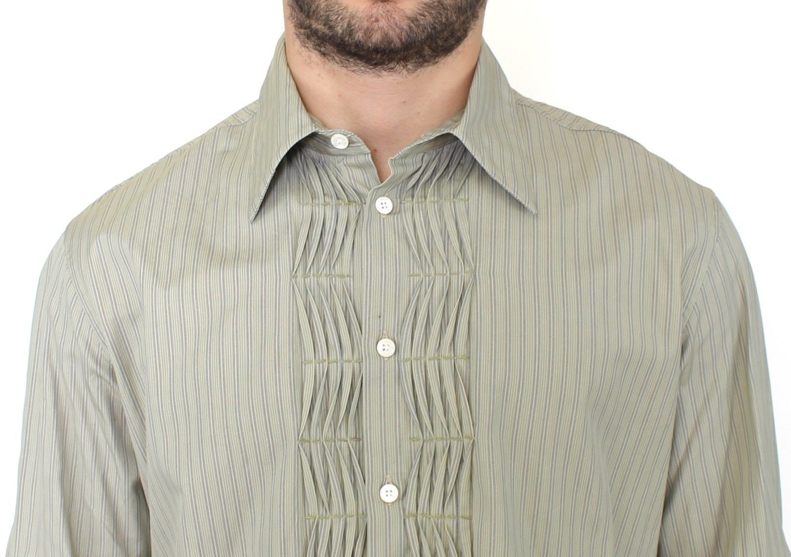 Green Striped Cotton Casual Long Sleeve Shirt