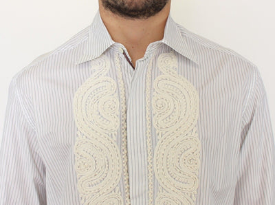 White Striped Embroidered Casual Shirt