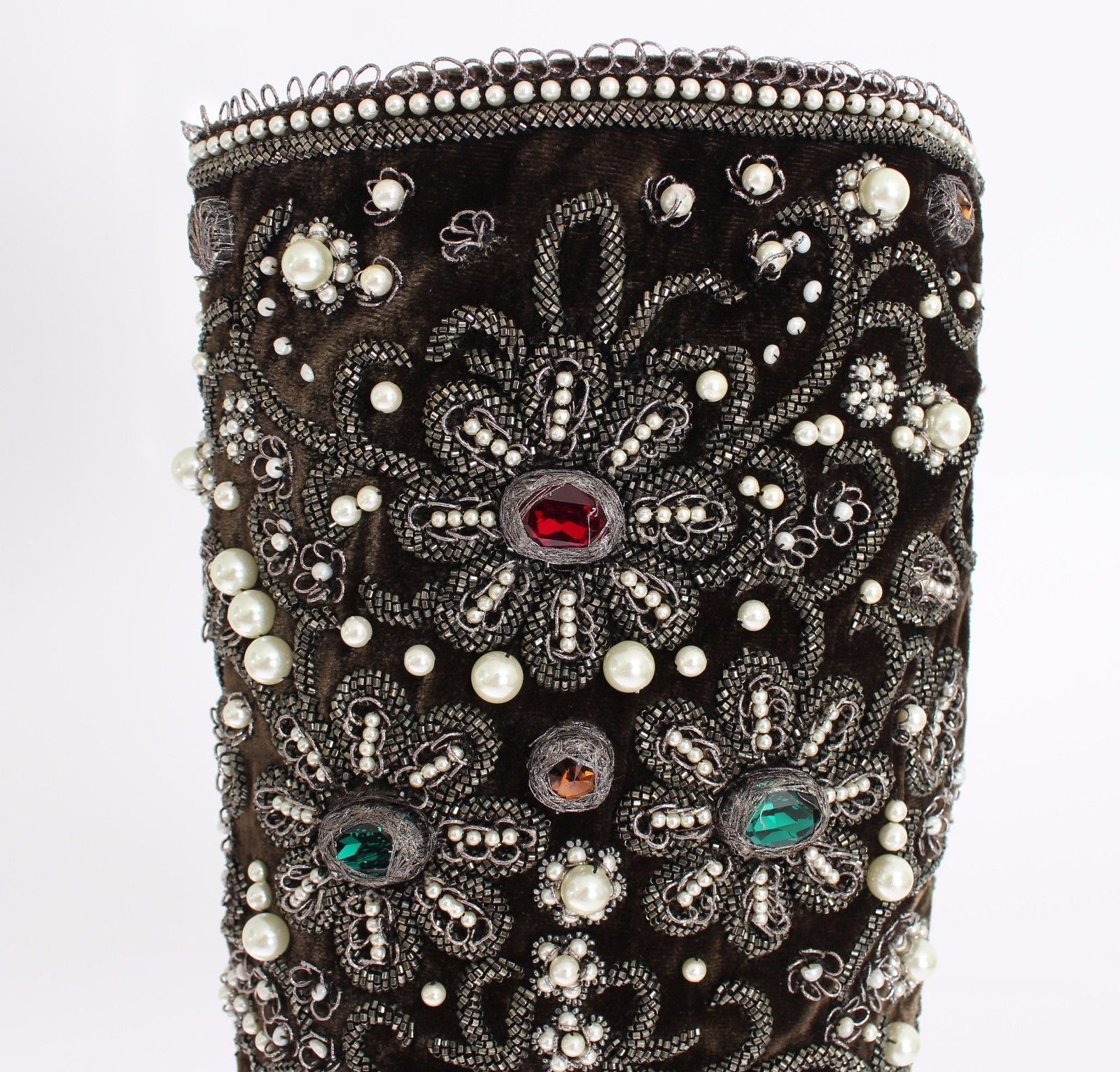 Brown Velvet Silver Baroque Crystal Boots