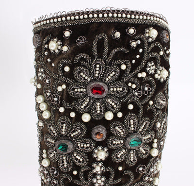 Brown Velvet Silver Baroque Crystal Boots