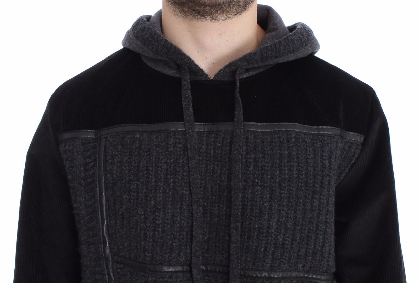 Black Gray Knitted Hooded Sweater Pullover