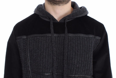 Black Gray Knitted Hooded Sweater Pullover