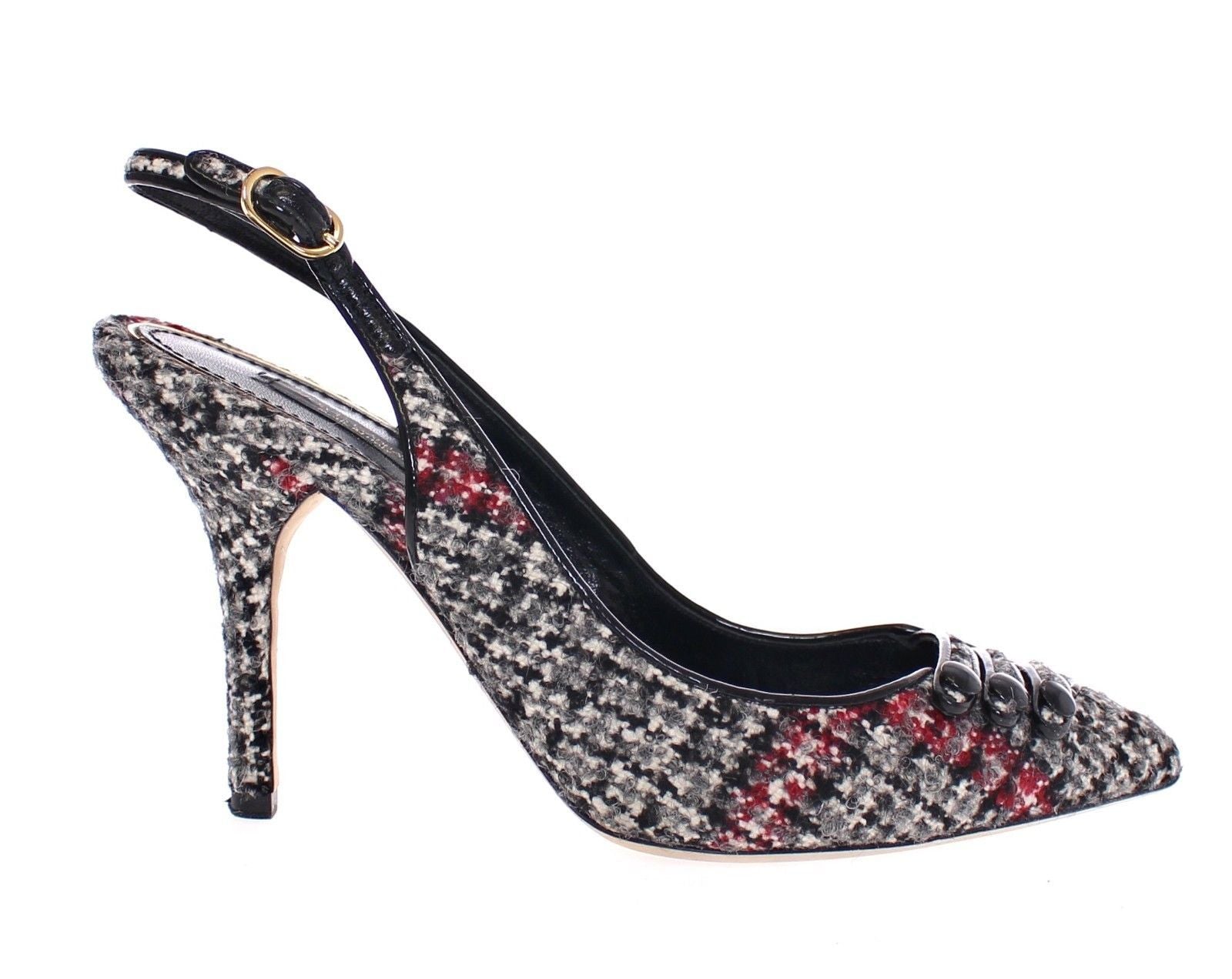 Gray Checkered Wool Leather Slingbacks Shoes
