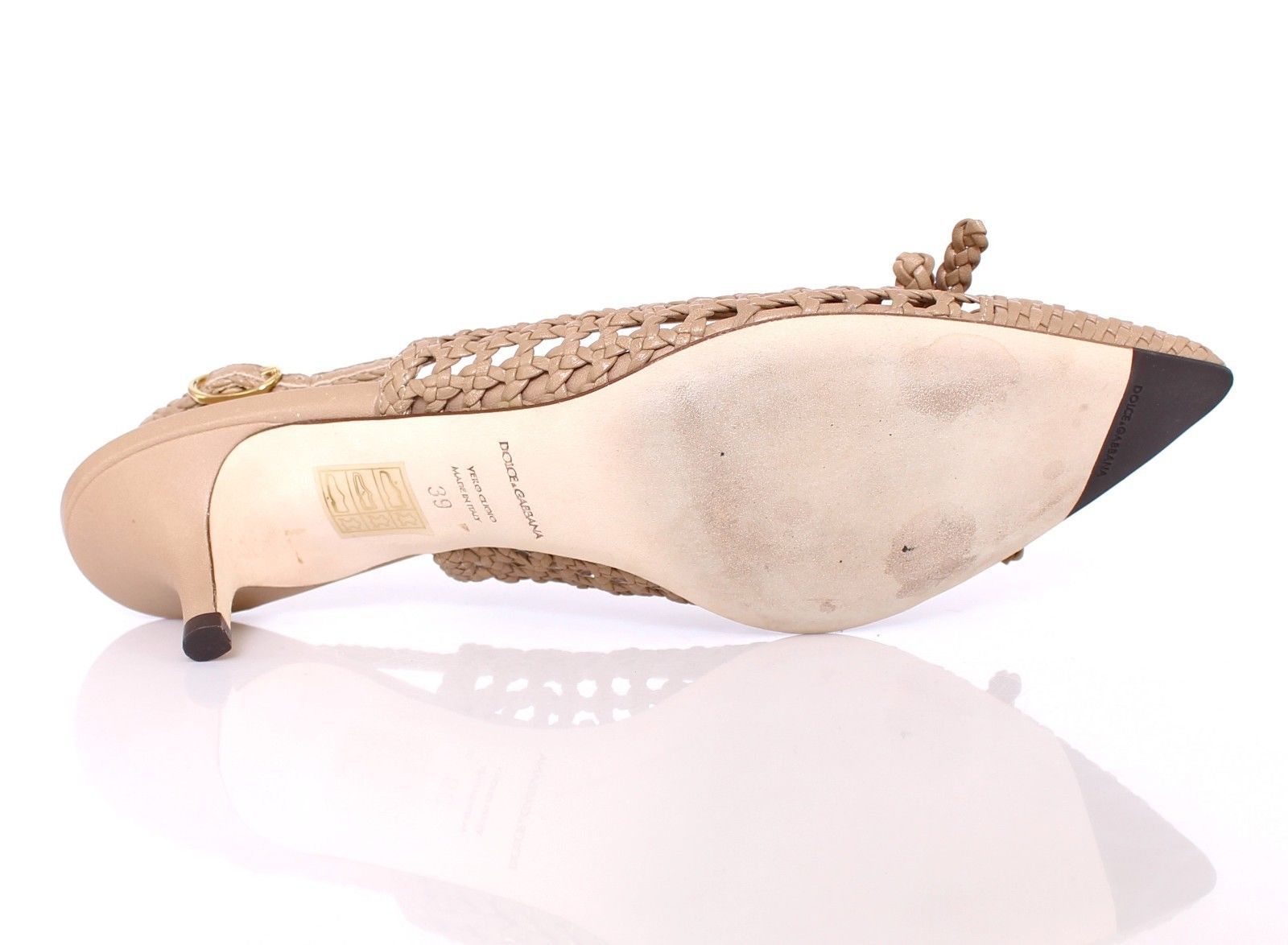 Beige Woven Leather Slingbacks Pumps Shoes