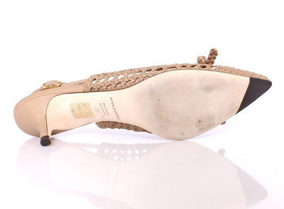 Beige Woven Leather Slingbacks Pumps Shoes