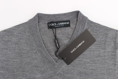 Mens Gray Wool V-neck Sweater Pullover Top