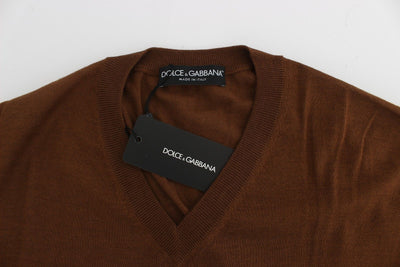 Brown Silk Cashmere V-neck Sweater Pullover Top
