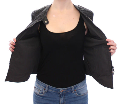 Black Perforated Leather Biker Jacket Coat