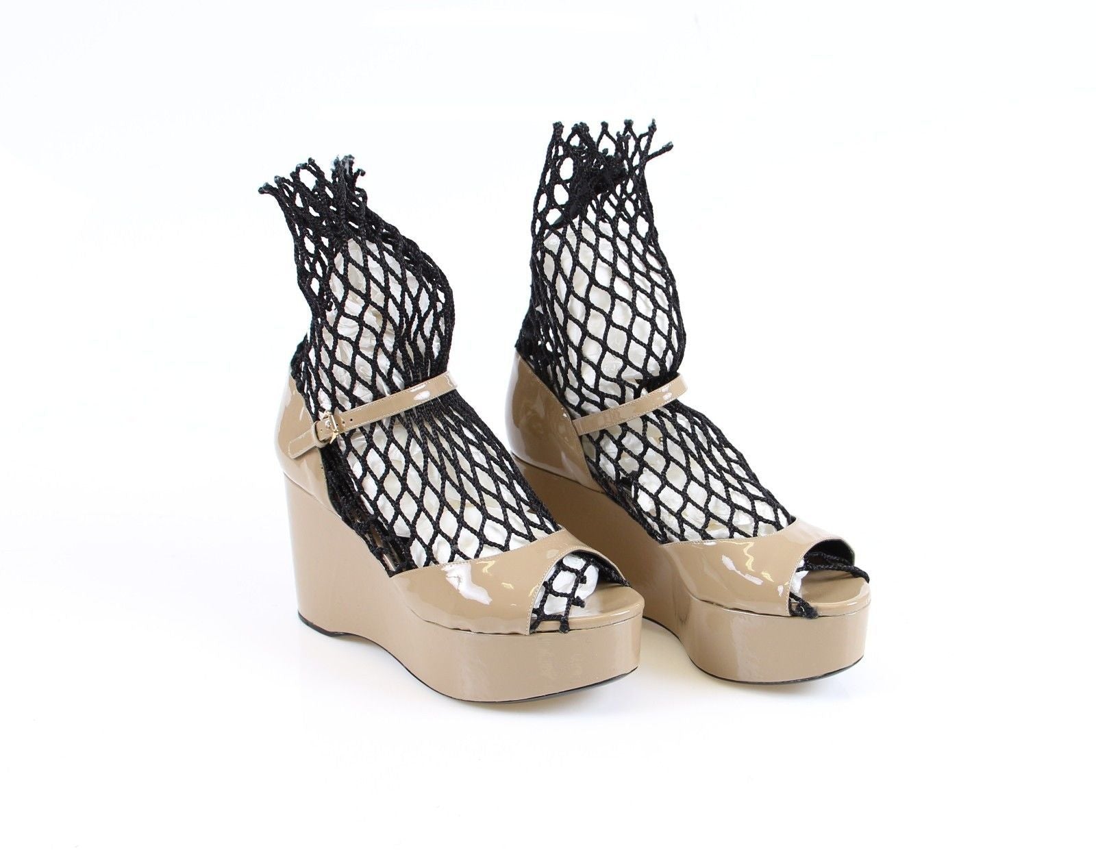 Beige Patent Wedge Sandals Platform Shoes