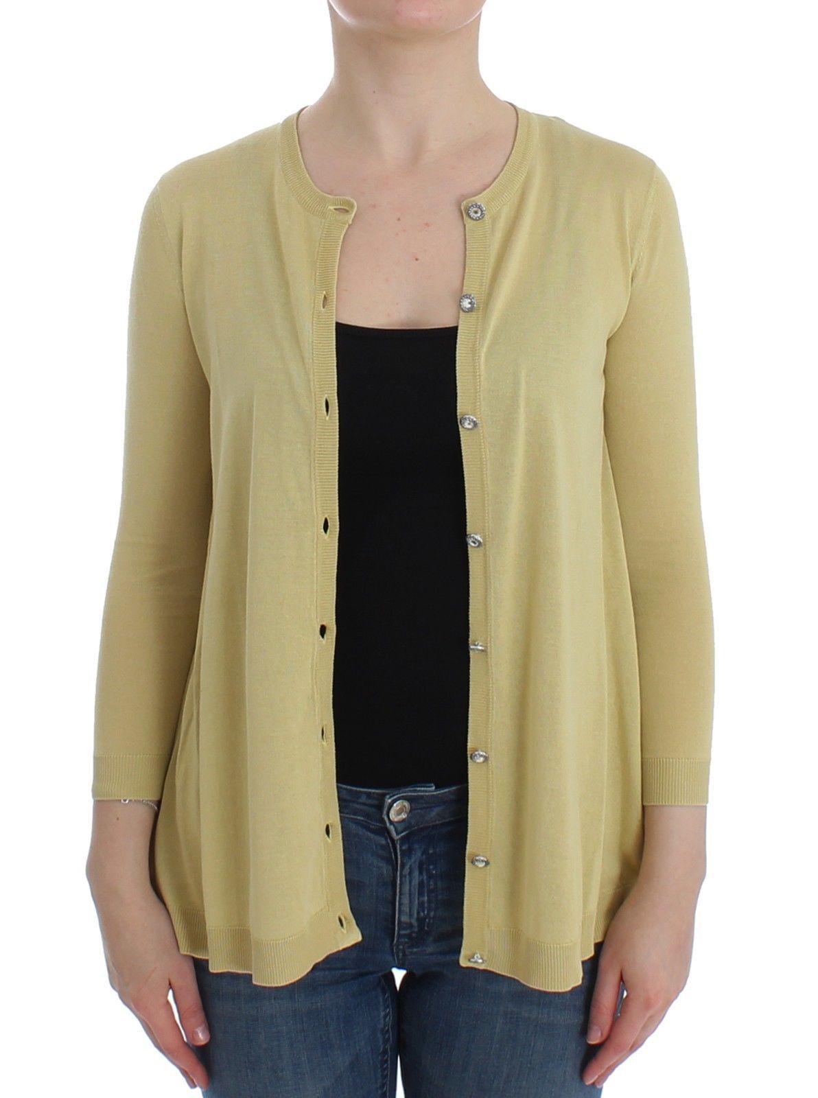 Yellow Silk Crystal Cardigan Sweater Crew Neck