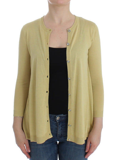 Yellow Silk Crystal Cardigan Sweater Crew Neck