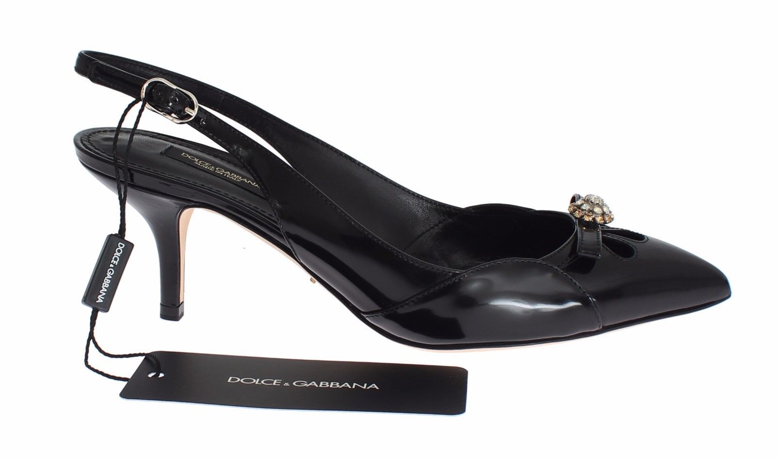 Black Leather Crystal Slingbacks Heels Shoes
