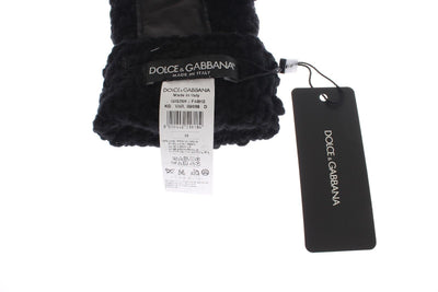 Black Knitted Wool Leather Fingerless Mens Gloves