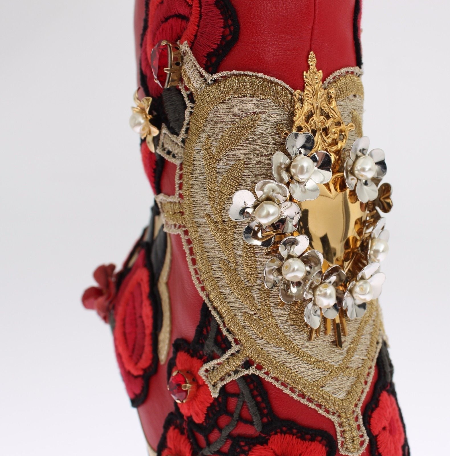 Roses Crystal Gold Heart Leather Boots Shoes