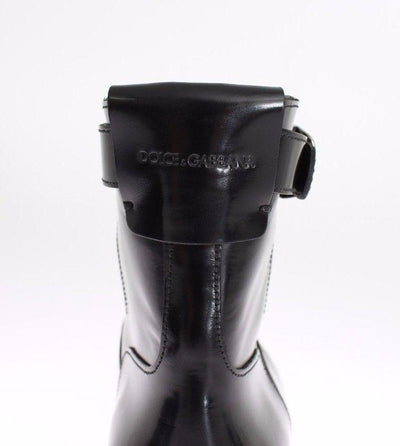 Black Leather Mid-Calf Flat Boots Shoes