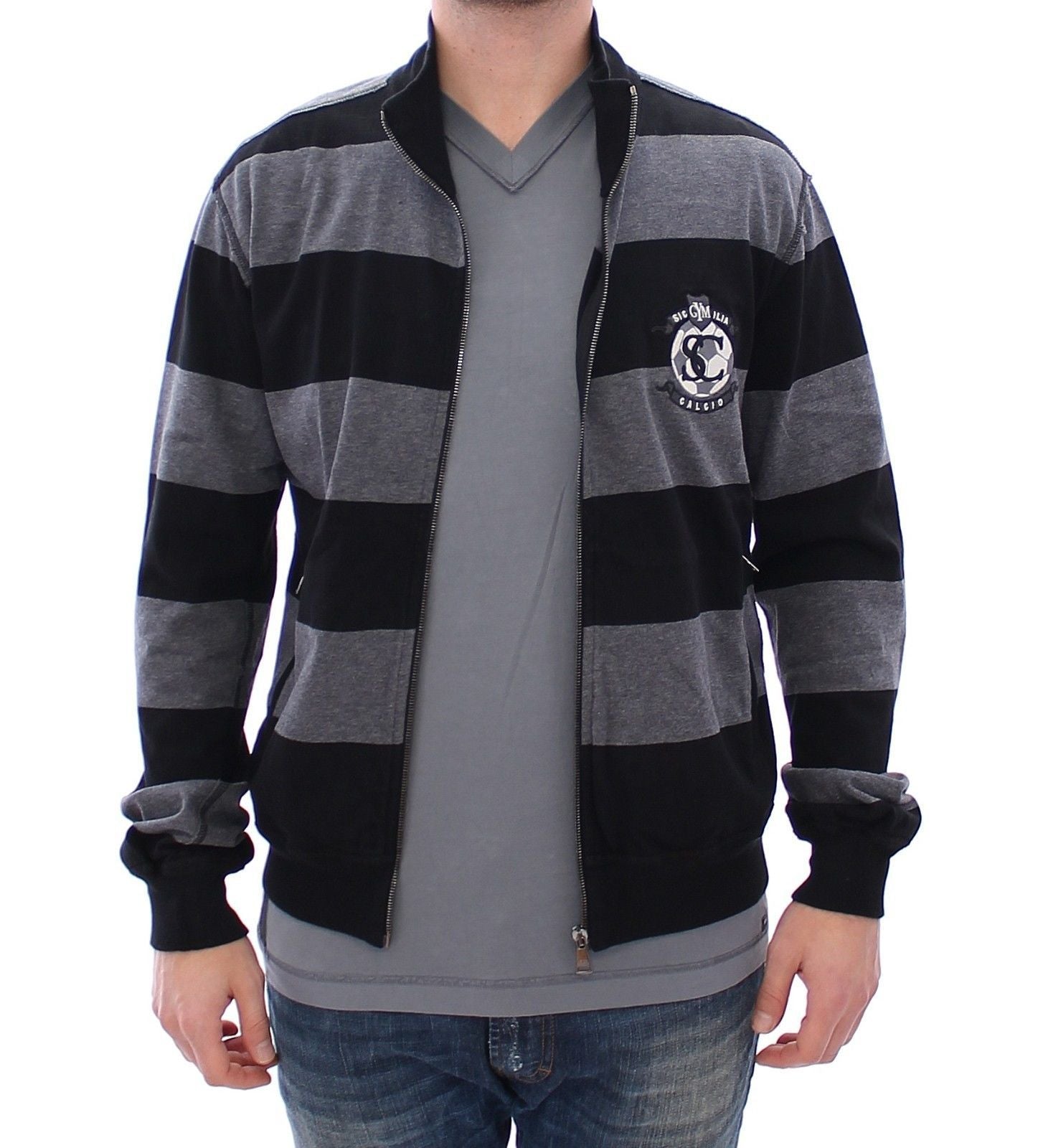 Gray Striped Full Zip Sweater Jacket Jumper