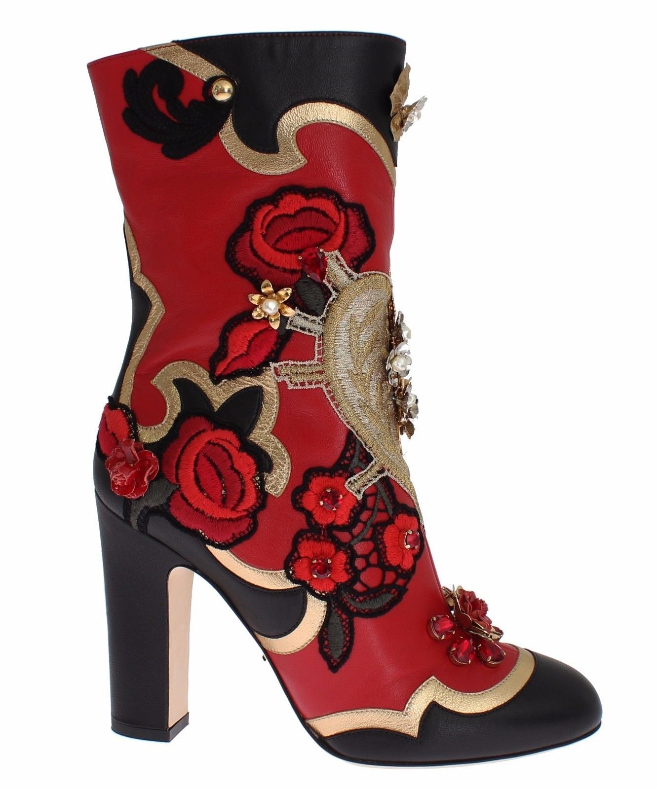 Roses Crystal Gold Heart Leather Boots Shoes
