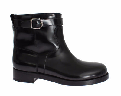 Black Leather Mid-Calf Flat Boots Shoes