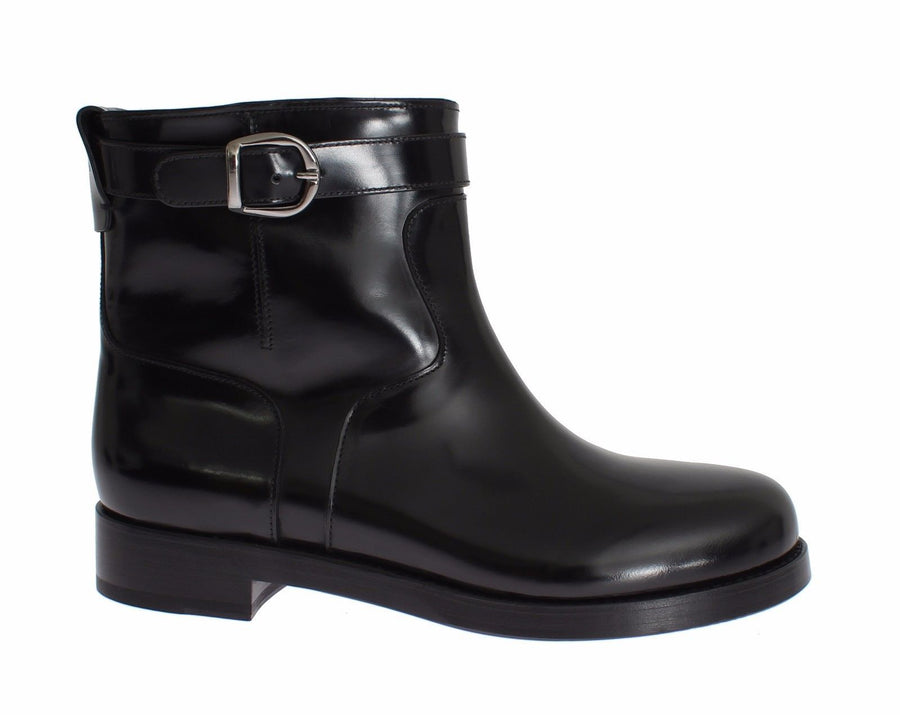 Black Leather Mid-Calf Flat Boots Shoes