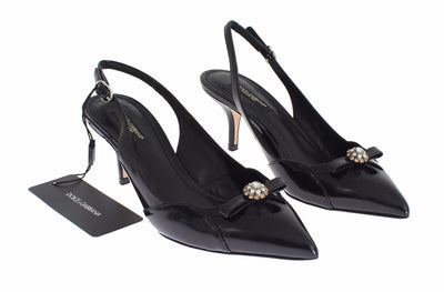 Black Leather Crystal Slingbacks Heels Shoes