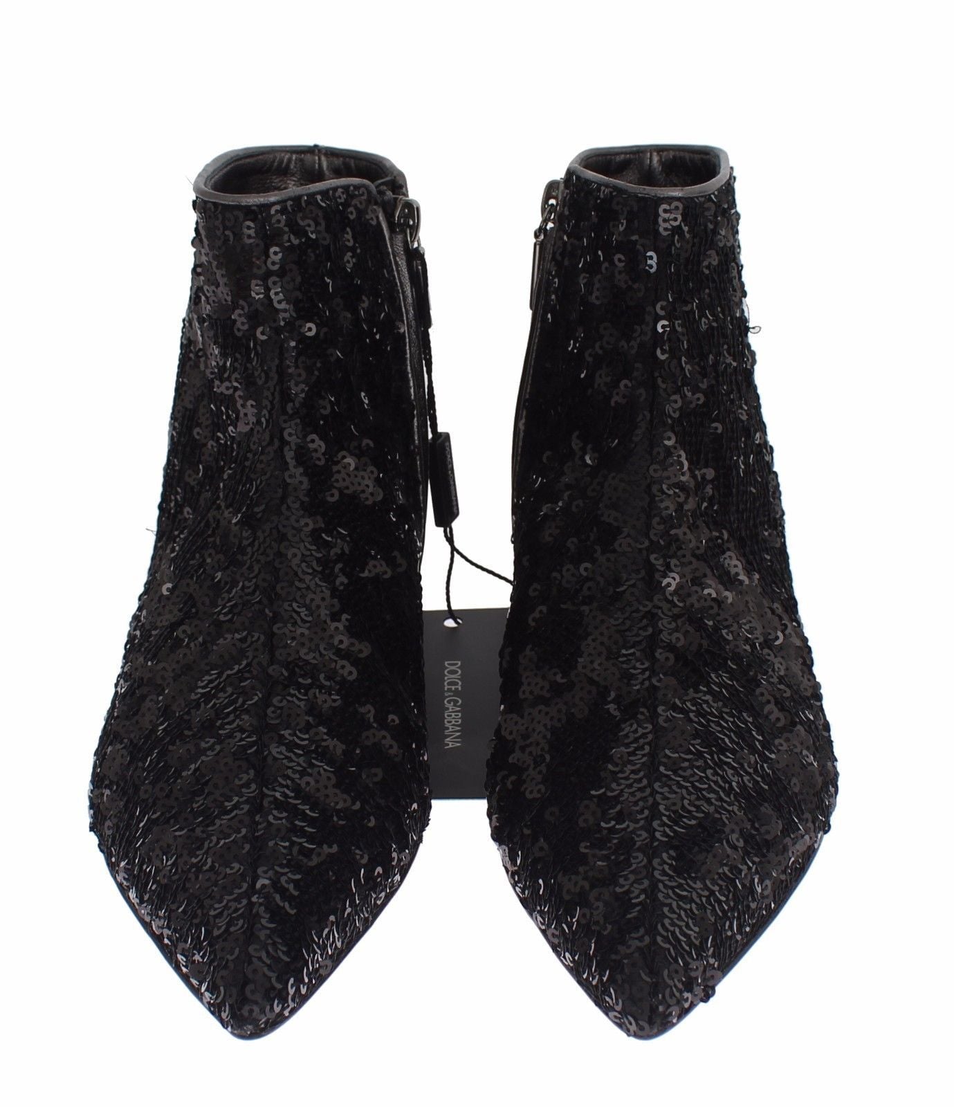 Black Sequined Pointy Flat Ankle Boots Shoes