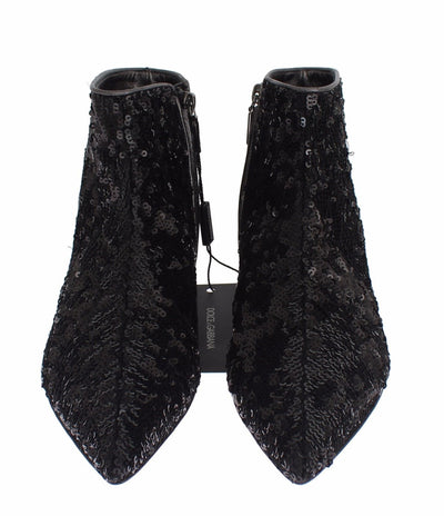 Black Sequined Pointy Flat Ankle Boots Shoes