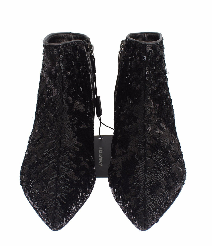 Black Sequined Pointy Flat Ankle Boots Shoes