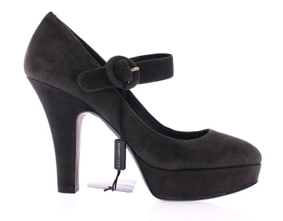 Gray Suede Leather Platform Mary Janes Shoes
