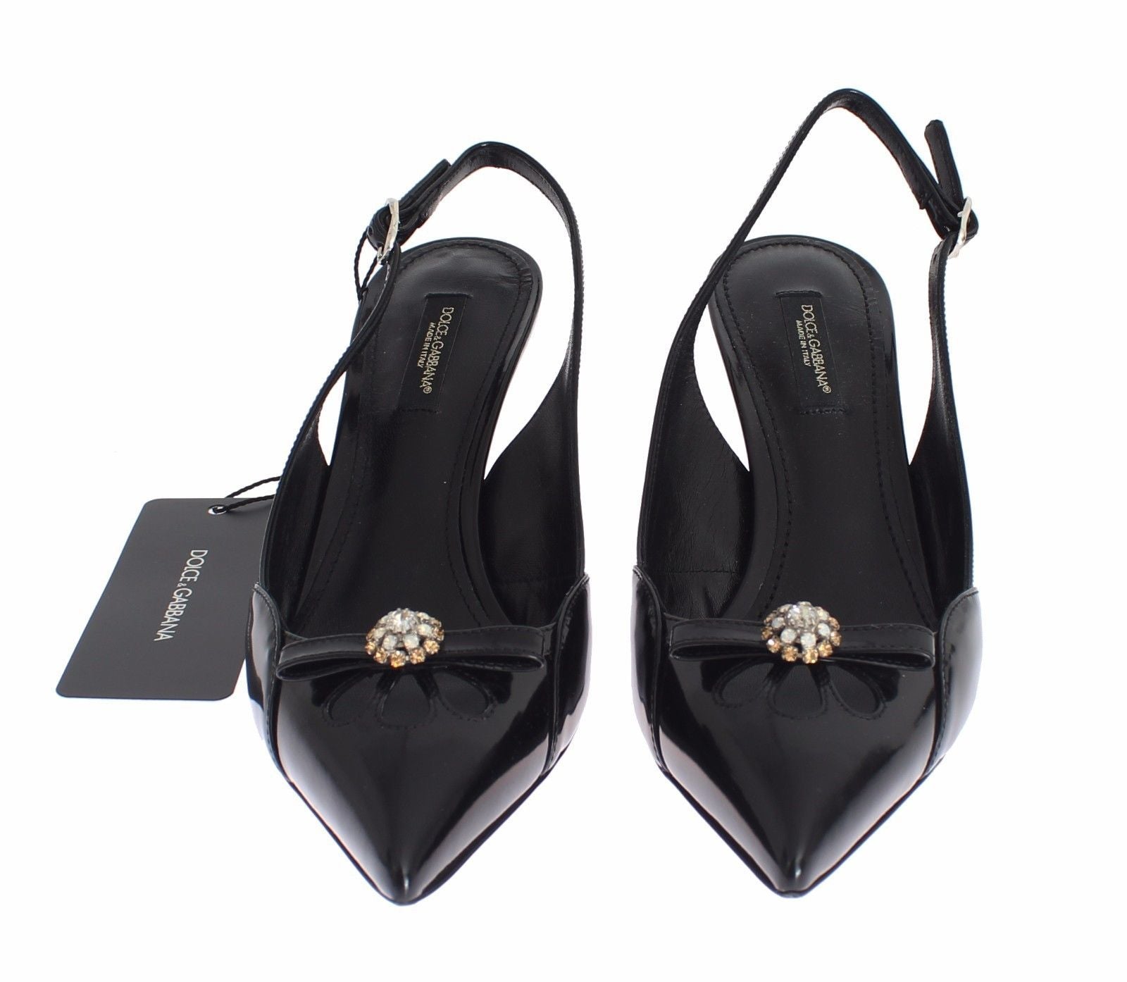Black Leather Crystal Slingbacks Heels Shoes