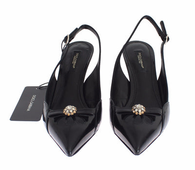 Black Leather Crystal Slingbacks Heels Shoes