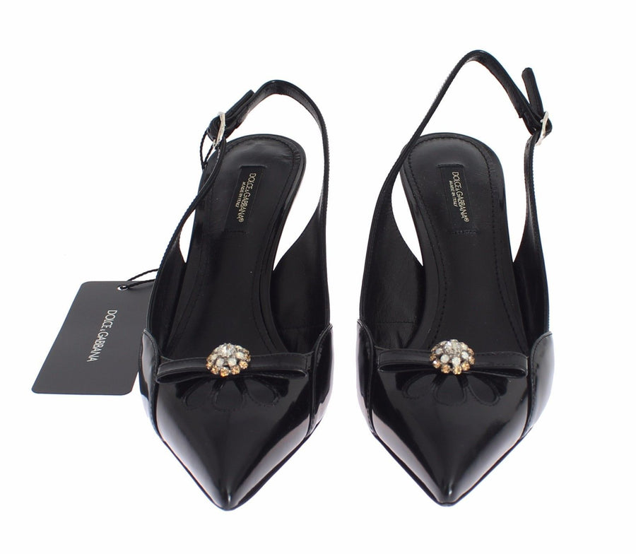Black Leather Crystal Slingbacks Heels Shoes