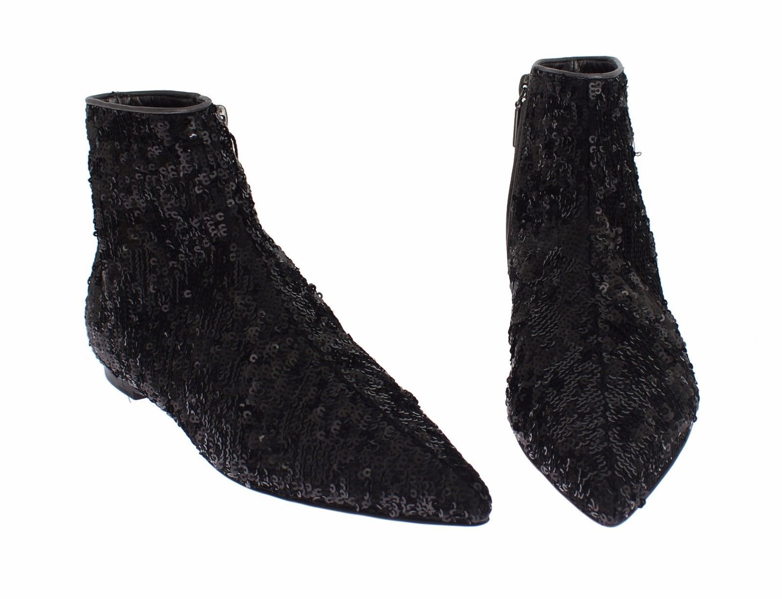 Black Sequined Pointy Flat Ankle Boots Shoes