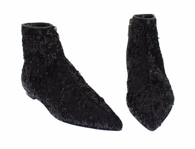 Black Sequined Pointy Flat Ankle Boots Shoes