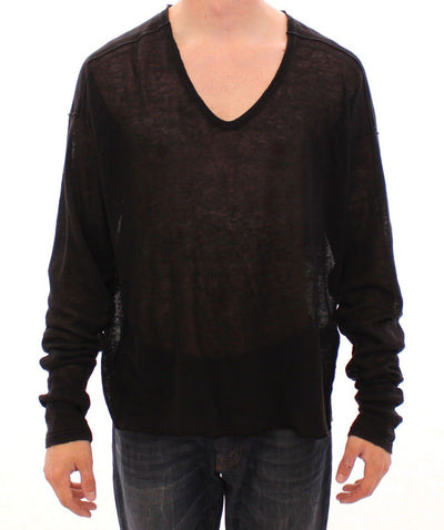 Black Linen Logo V-neck Sweater Pullover