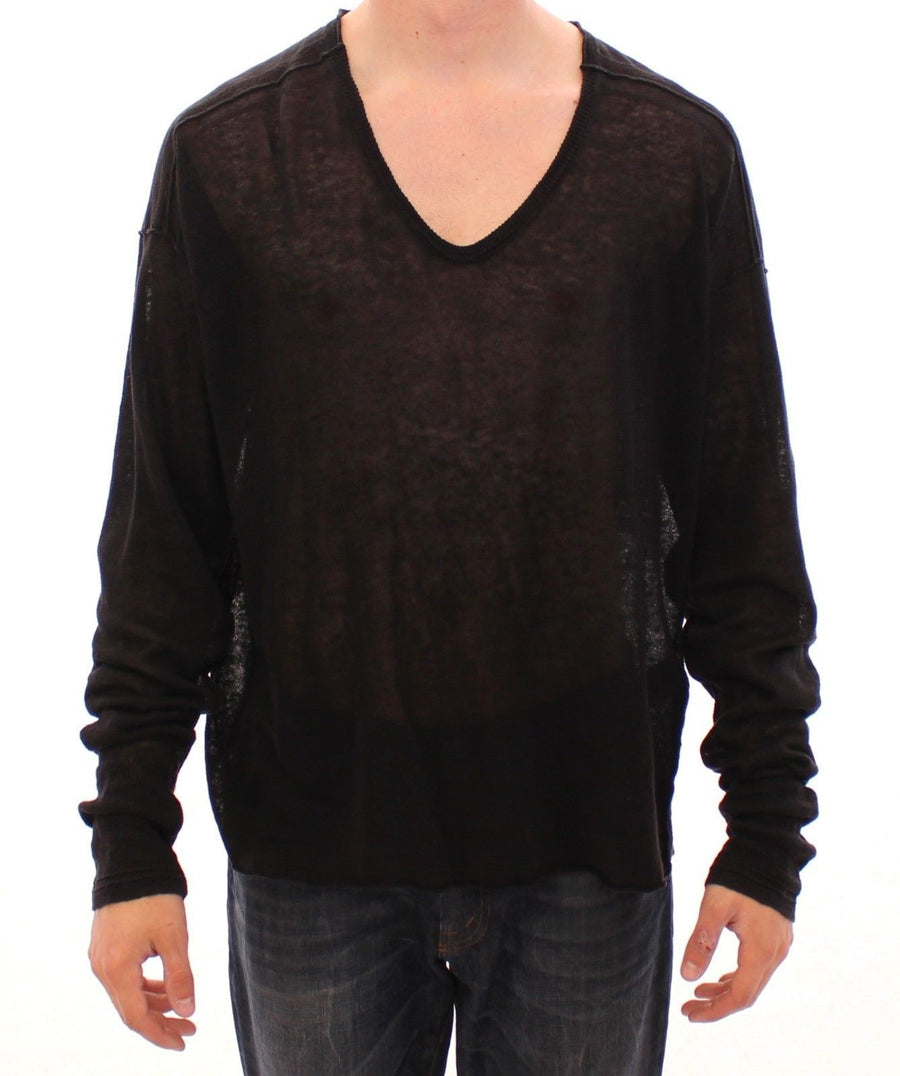 Black Linen Logo V-neck Sweater Pullover